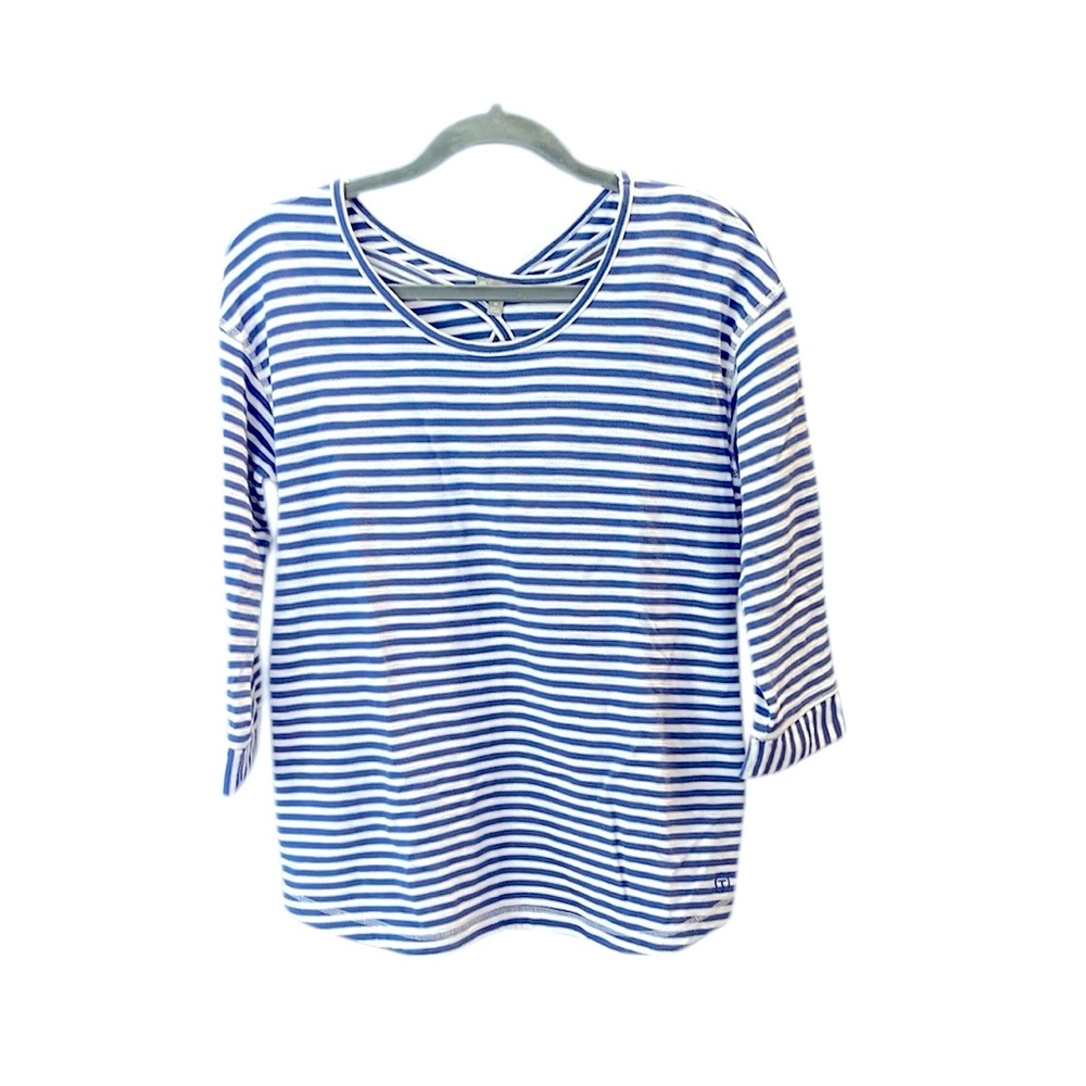 Talbots Blue and White Cuffed Sleeve T-Top… size medium… Nice fabric stretch